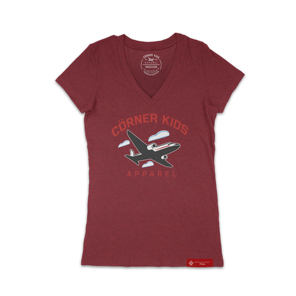 RedFont V-Neck Tee For Women With Aircraft Logo