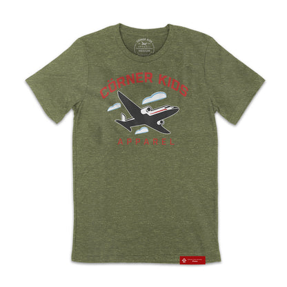 Unisex Crewneck Mens OLIVE-FRONT Tee with airplane logo